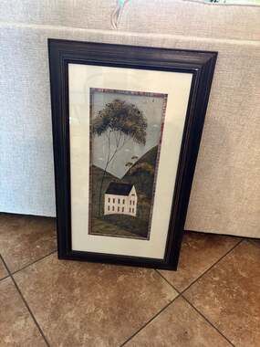 Warren Kimble Folk Art Americana 'House in Hills' Primitive Landscape Framed Art
